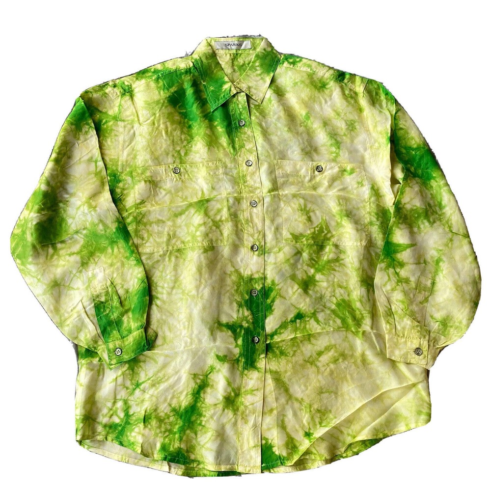 Tie Dye Green Long Sleeve Button Up Shirt Sz Med 100% Silk Shoulder Pads Pockets